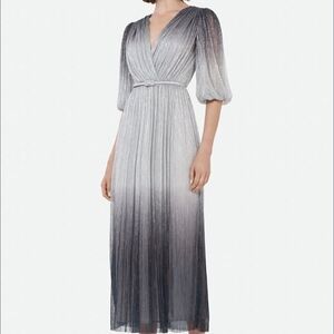 Costarellos Silver Ombre Mercier Belted Plissé-Lamé Gown Dress FR 40